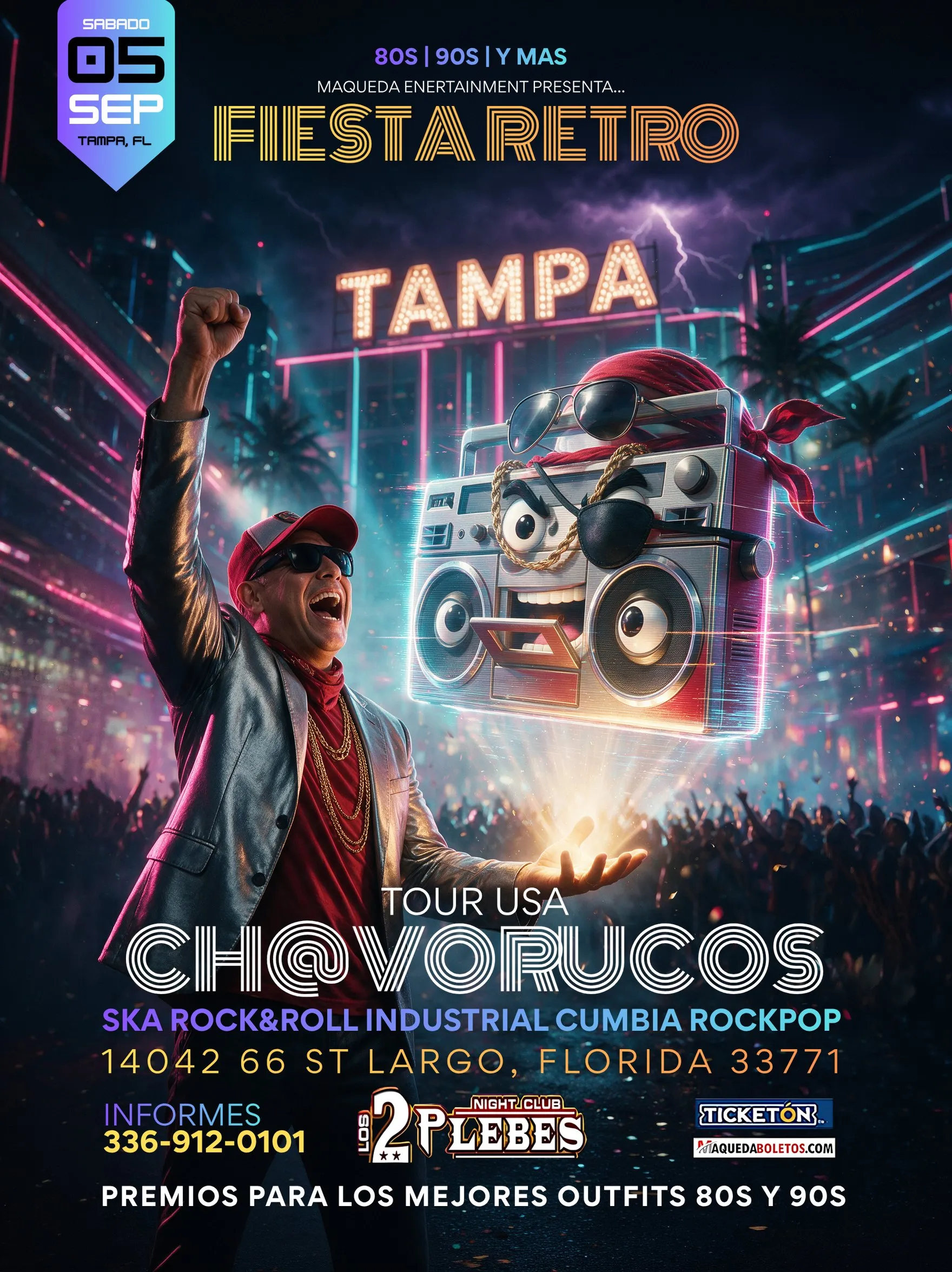 Flyer oficial de Tampa: radiograbadora pirata levitando sobre una ciudad de neón con tormenta.